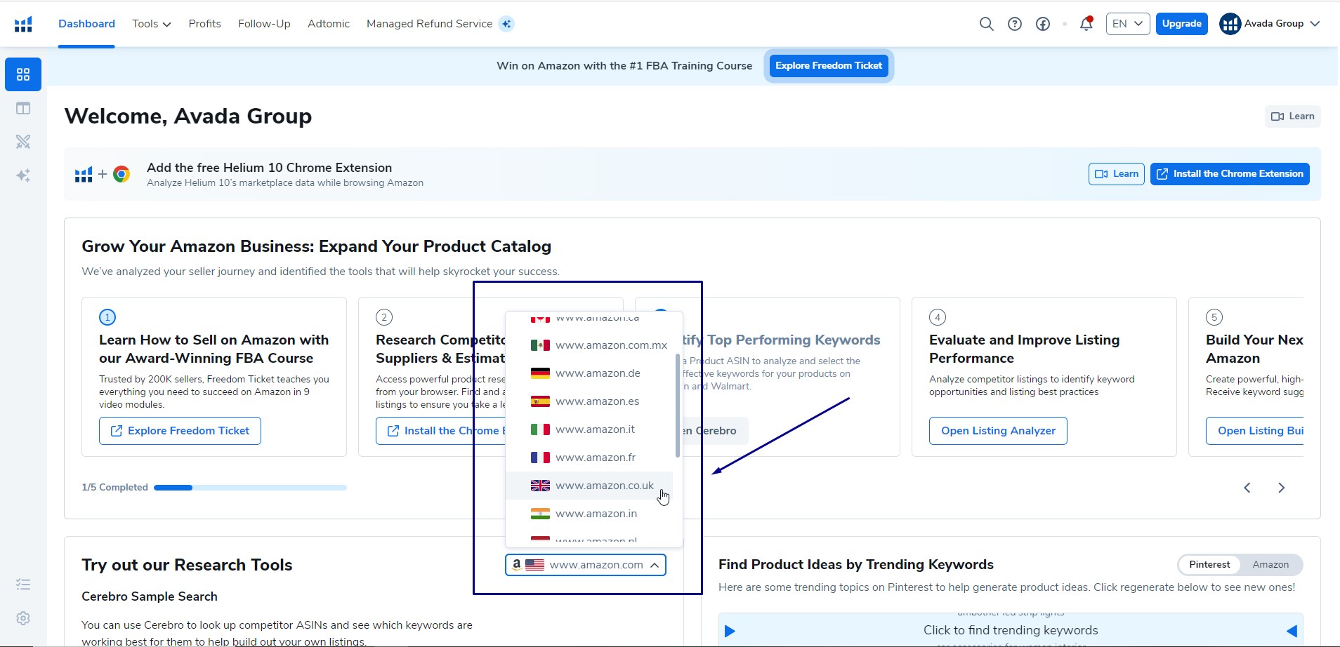 select the UK Marketplace from the dropdown menu. 